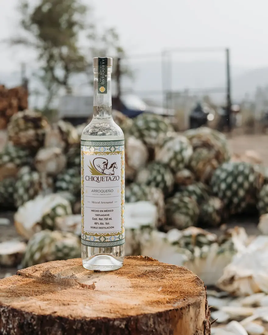Botella de Chiquetazo Arroqueño sobre un tronco, con un montón de piñas de agave desenfocado al fondo.